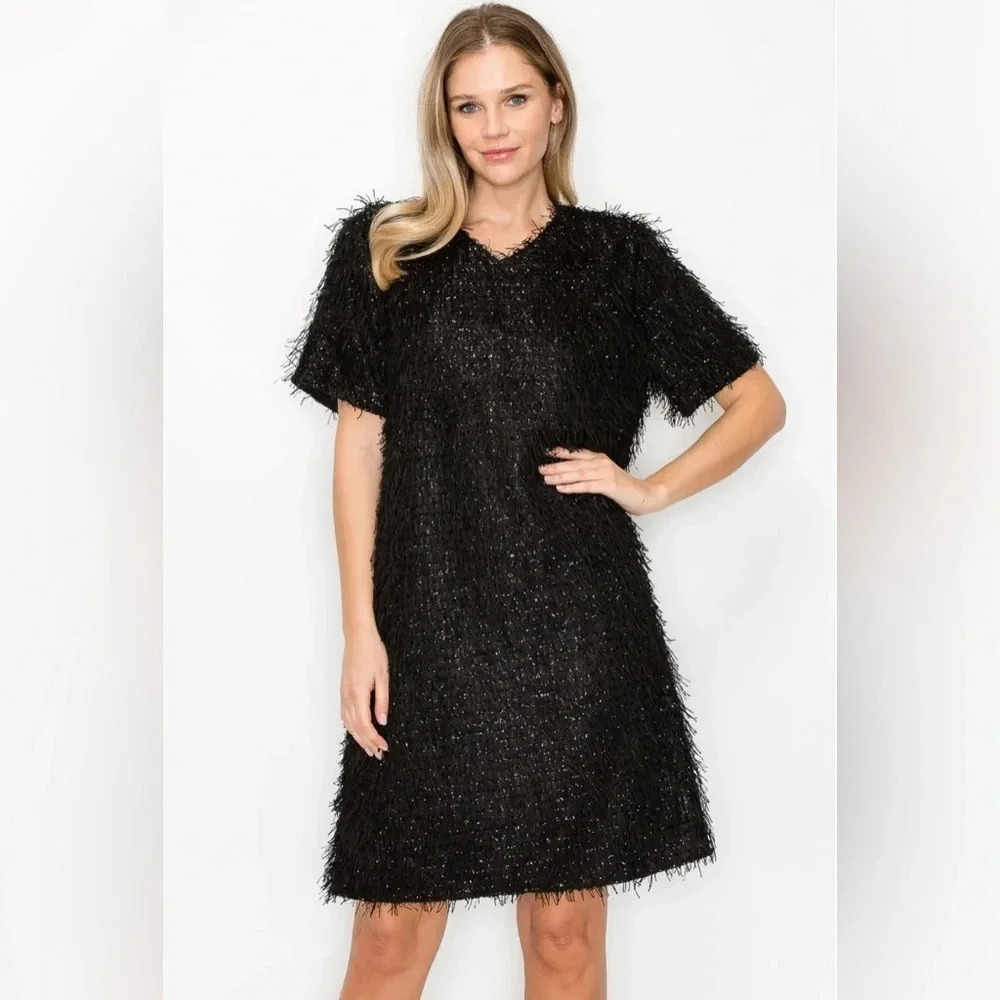 Joh Apparel Winna Sparkling Feathered Eyelash Dress NWT Size Small Black Fringe